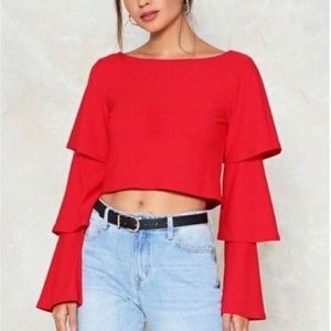 Nasty Gal Red Ruffle Long Sleeve Crop Top